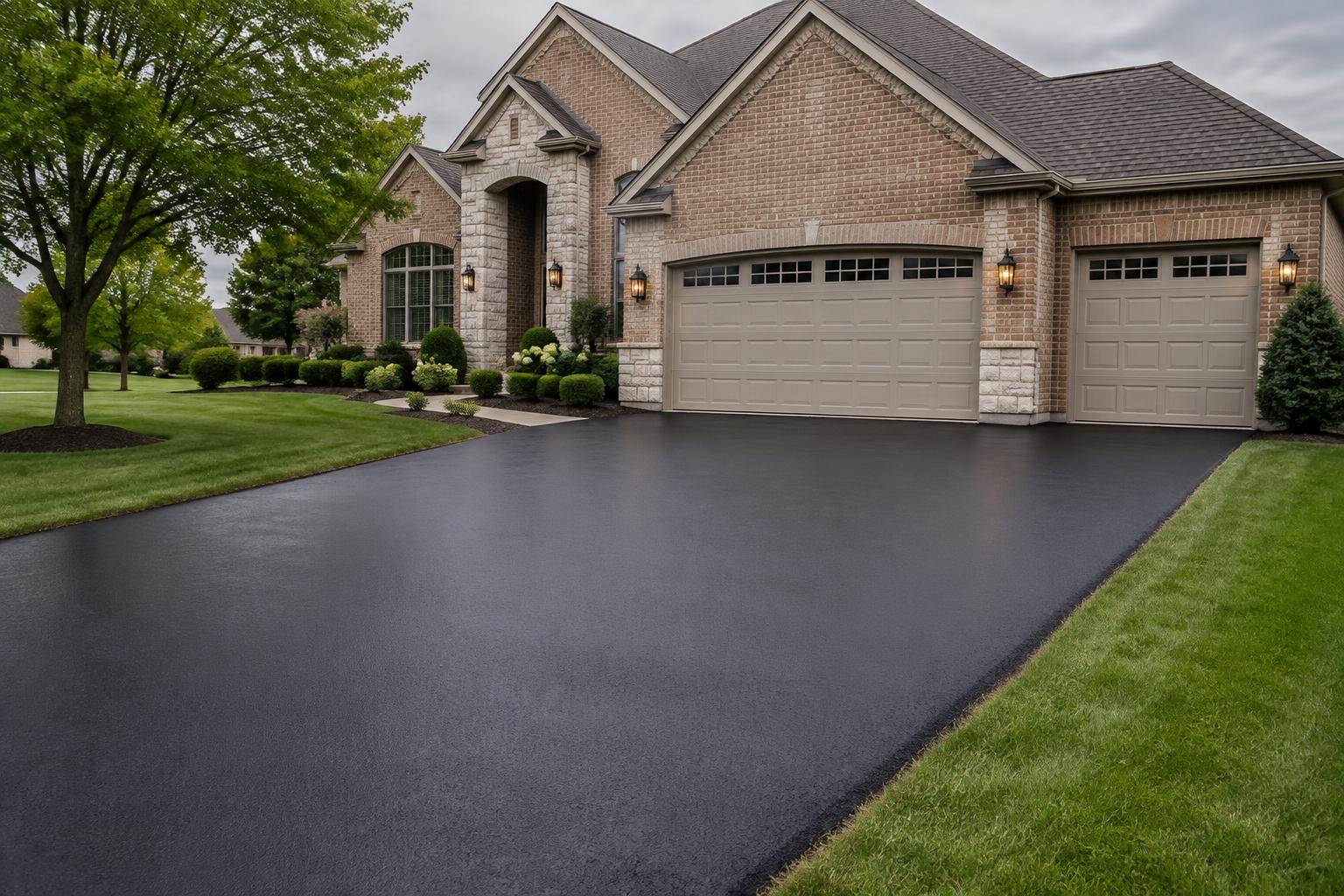 Freshly sealcoated black asphalt driveway in front of a suburban Chicagoland home