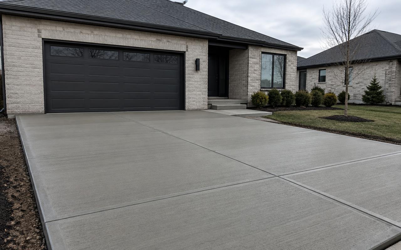 New broom-finished concrete driveway with clean control joints at a Chicagoland home