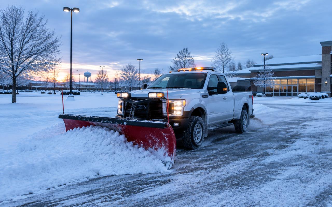 Pickup truck with snow plow clearing a commercial parking lot at dawn